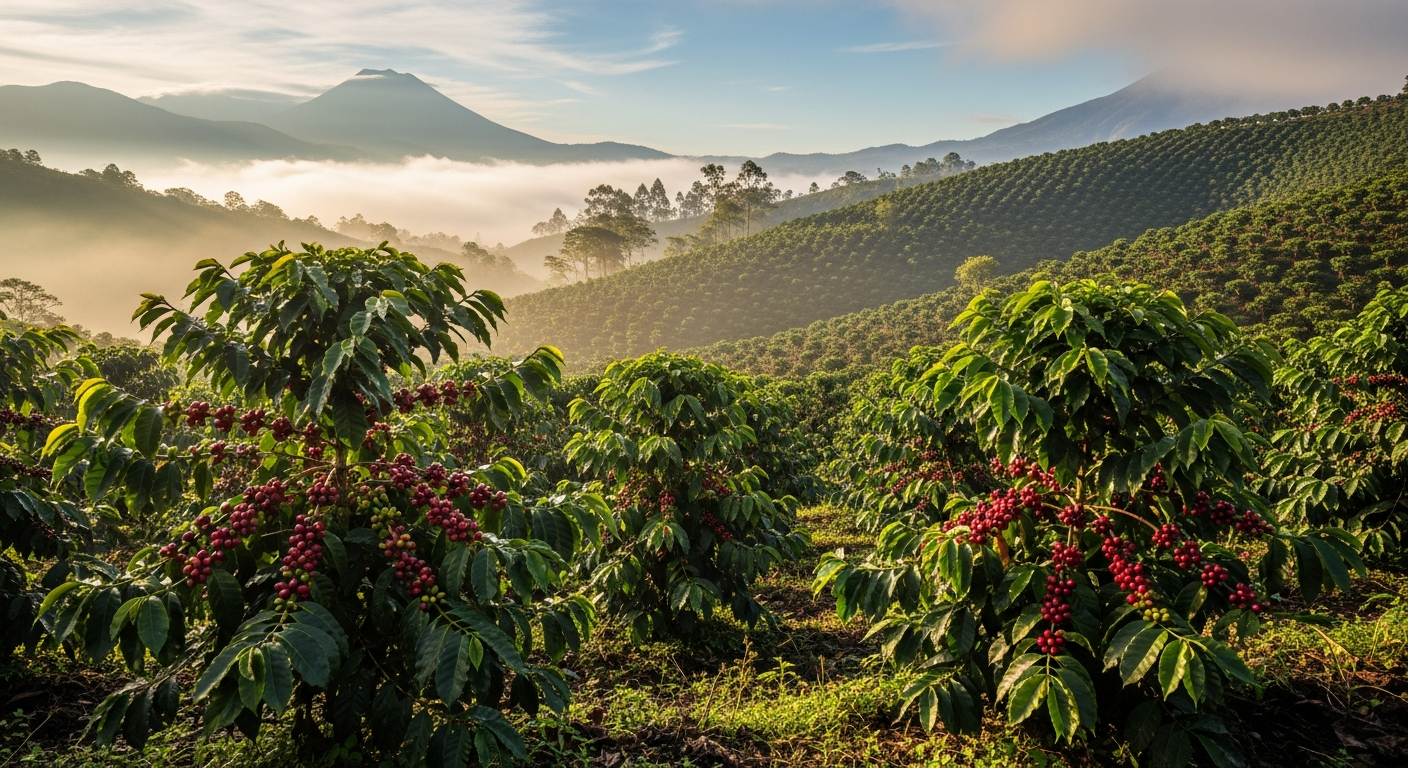 Lush coffee farm on a misty hillside with ripe red coffee cherries at golden hour