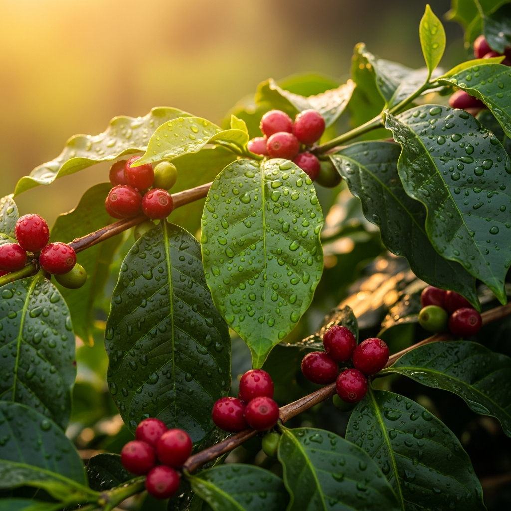 Organic coffee plants growing on a lush hillside farm