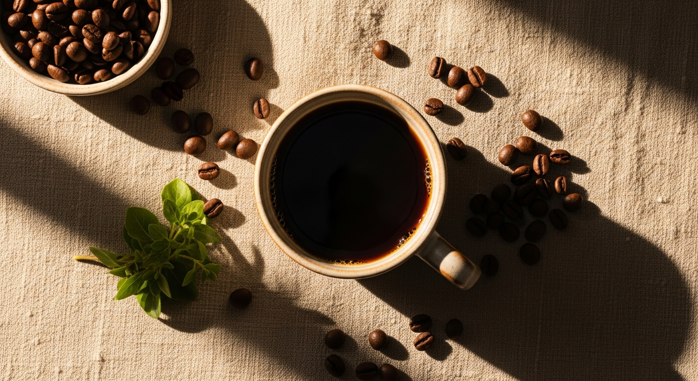 A warm cup of rich dark coffee surrounded by roasted beans and fresh herbs in morning sunlight