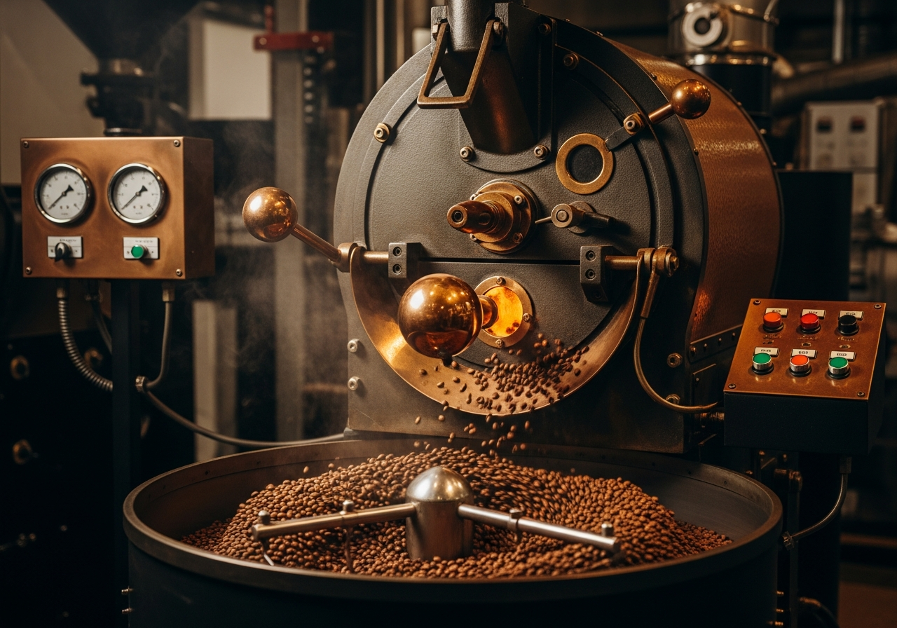 Traditional drum roaster where beans contact hot metal walls directly